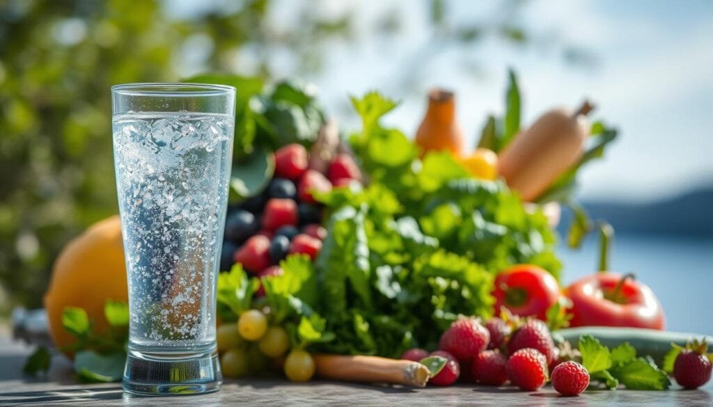 A well-lit, high-resolution image showcasing the benefits of hydrogen-infused water. In the foreground, a transparent glass filled with sparkling, effervescent water, hinting at the active hydrogen bubbles within. The middle ground features a collection of fresh produce - leafy greens, vibrant berries, and crisp vegetables - symbolizing the potential health advantages of drinking hydrogen-rich water. The background is a serene, natural setting, perhaps a lush garden or a tranquil lakeside, conveying a sense of purity and vitality. The overall composition radiates a clean, modern aesthetic, inviting the viewer to explore the wellness concept of hydrogen water.