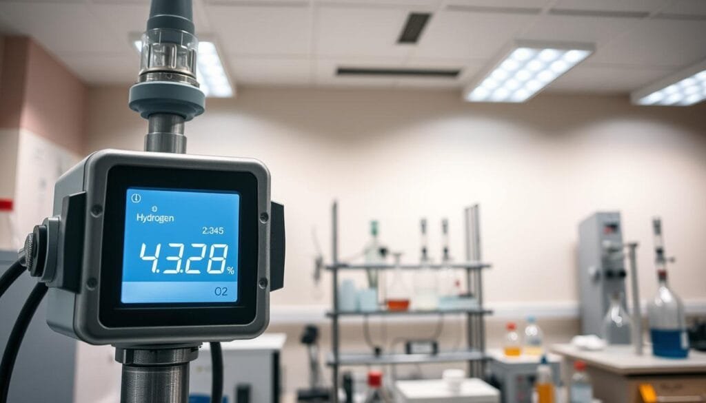 A well-lit laboratory interior, with a prominent hydrogen gas monitoring device in the foreground. The device's display clearly shows the current hydrogen gas levels, providing a visual reference for safety standards. In the middle ground, scientific equipment and glassware suggest an active research environment. The background features a neutral-toned wall, creating a clean, clinical atmosphere. Soft, directional lighting from overhead sources casts subtle shadows, emphasizing the precision and importance of the hydrogen monitoring system.