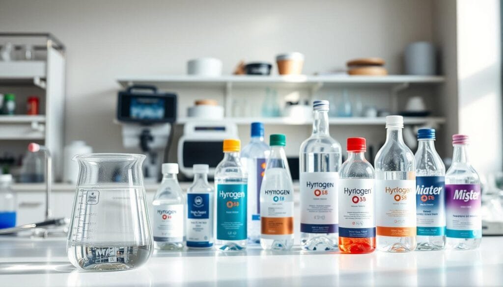 A well-lit laboratory setting with various hydrogen water products arranged on a clean, modern table. In the foreground, a glass beaker filled with clear liquid, depicting the transparent nature of hydrogen-infused water. In the middle ground, an array of bottles and containers showcasing different brands and styles of hydrogen water solutions. The background features scientific equipment and instruments, hinting at the research and development behind these products. The lighting is soft and natural, creating a serene and informative atmosphere that invites the viewer to explore the options for incorporating hydrogen water into their health and wellness routines.