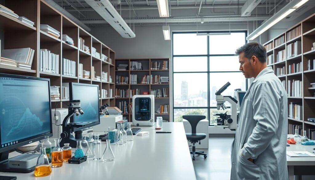 A well-lit, modern research lab interior. The foreground features a scientist in a white lab coat peering intently at a computer monitor, surrounded by beakers, test tubes, and other scientific equipment. The middle ground showcases a large, high-tech microscope on a sturdy workbench, along with a 3D printer and various scientific instruments. The background depicts tall bookshelves filled with academic journals and technical manuals, along with a large window overlooking a cityscape, suggesting a sense of intellectual inquiry and discovery. The lighting is bright and clean, creating a professional, focused atmosphere conducive to serious scientific research.