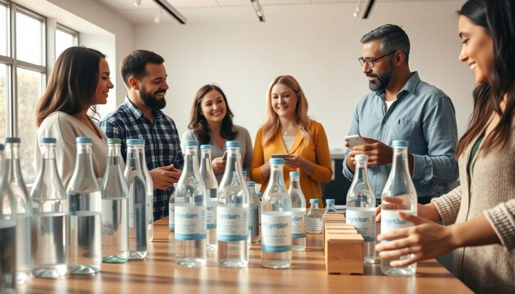 A well-lit, natural scene showcasing a group of diverse, health-conscious individuals examining and discussing various hydrogen water products. The foreground features a table with an array of glass bottles and packaging, with customers' hands reaching in to pick up and inspect the items. In the middle ground, several people are engaged in animated conversations, their facial expressions conveying a sense of thoughtful consideration. The background depicts a minimalist, modern interior with clean lines and warm, natural lighting filtering through large windows, creating a calming and inviting atmosphere. The overall composition captures the essence of an authentic, in-store customer review experience.