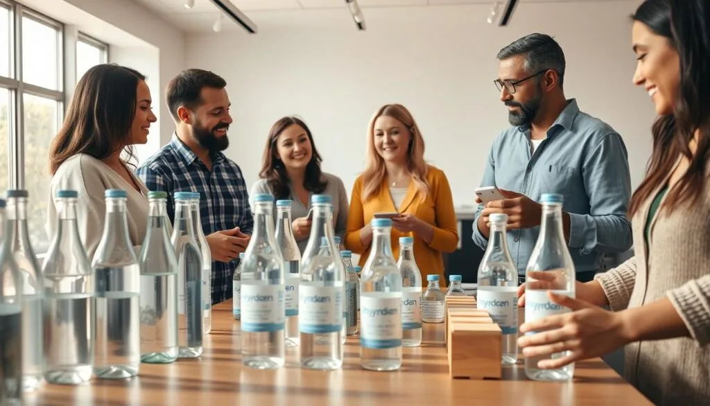 A well-lit, natural scene showcasing a group of diverse, health-conscious individuals examining and discussing various hydrogen water products. The foreground features a table with an array of glass bottles and packaging, with customers' hands reaching in to pick up and inspect the items. In the middle ground, several people are engaged in animated conversations, their facial expressions conveying a sense of thoughtful consideration. The background depicts a minimalist, modern interior with clean lines and warm, natural lighting filtering through large windows, creating a calming and inviting atmosphere. The overall composition captures the essence of an authentic, in-store customer review experience.