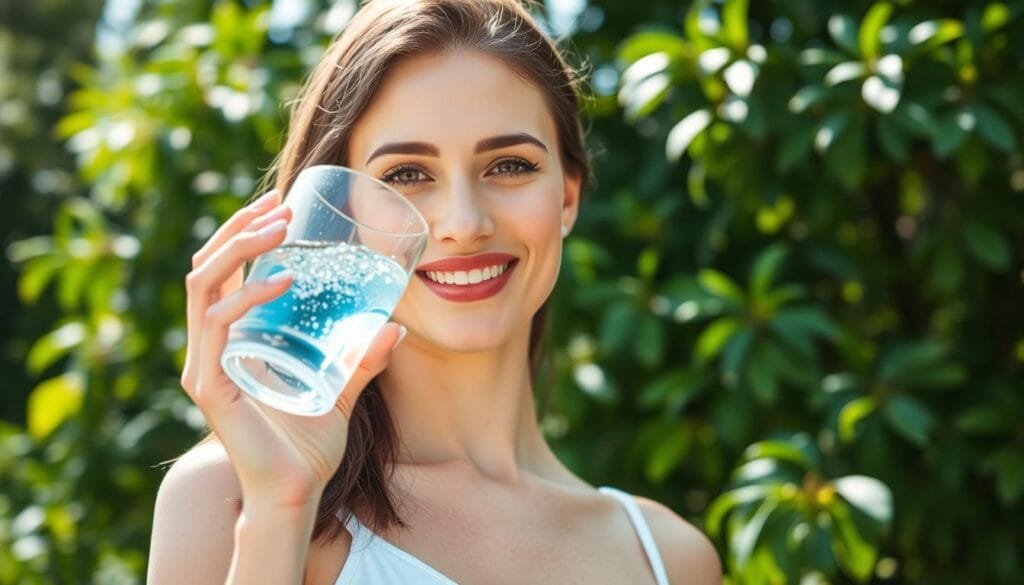 A woman standing in a serene, natural setting, holding a glass of clear, sparkling water with a subtle blue tint. Bright natural light illuminates her face, highlighting a radiant, youthful complexion. The background features lush, verdant foliage, suggesting a tranquil, peaceful atmosphere. The woman's expression conveys a sense of contentment and well-being, as she takes a sip of the refreshing, hydrogen-infused water. The composition is balanced, with the woman positioned in the center, drawing the viewer's attention to the "hydrogen water" she is consuming.