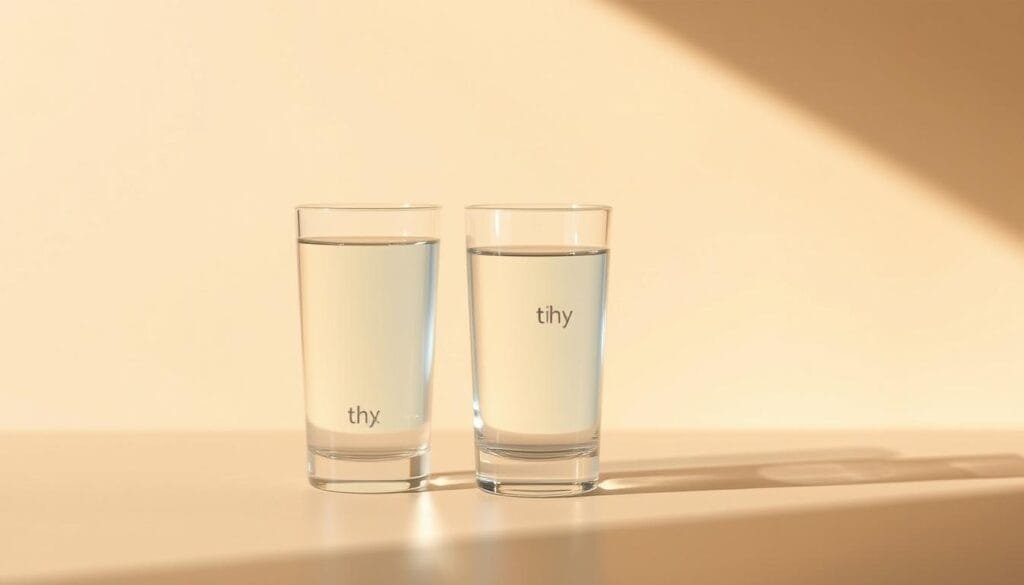 An elegant, minimalist illustration depicting the differences between hydrogen water and distilled water, set against a soft, muted background. In the foreground, two glass tumblers filled with the respective waters, casting faint reflections on the surface. The middle ground features simple icons or symbols representing the key attributes of each water type - wellness, purification, etc. The background is a serene, diffused gradient, evoking a sense of balance and thoughtfulness. Warm, natural lighting casts subtle shadows, highlighting the clarity and nuance of the waters. The overall composition conveys a sense of careful consideration and informed decision-making.