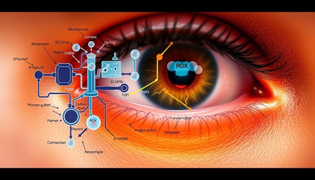 An ultra-detailed, macro-level view of the complex biological mechanisms underlying redox homeostasis and their impact on under-eye skin health. Crisp, high-resolution rendering showcasing the intricate interplay of reactive oxygen species, antioxidant systems, and cellular signaling pathways. Warm, diffused lighting illuminates the delicate undereye region, drawing attention to the subtle pigment variations and puffiness. A clean, uncluttered composition that puts the scientific processes at the forefront, creating a visually compelling educational illustration aligned with the article's focus on "From ROS to results: mechanisms relevant to pigment and puffiness".