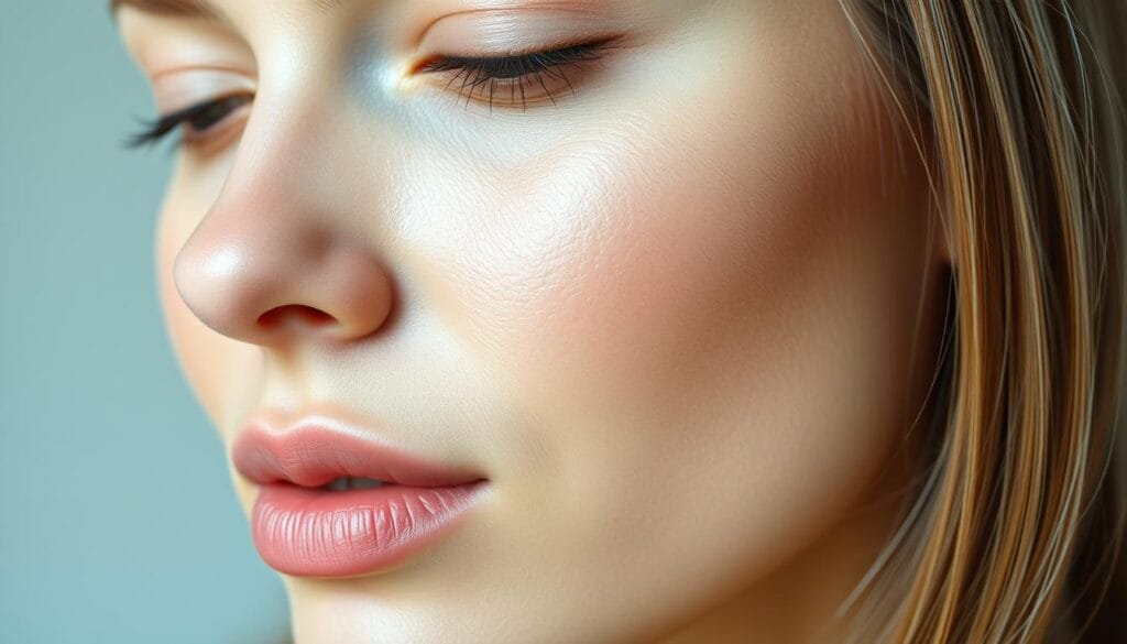 Close-up shot of a woman's face, with a luminous, healthy-looking complexion. The skin has a radiant, dewy glow, with a subtle, even tone and minimal blemishes or imperfections. The lighting is soft and flattering, casting a gentle, natural-looking illumination across the features. The focus is sharp on the forehead, cheeks, and nose, capturing the smooth, supple texture of the skin. The expression is serene and relaxed, conveying a sense of comfort and confidence. The background is blurred, placing the emphasis entirely on the skin's beautiful, glowing appearance.