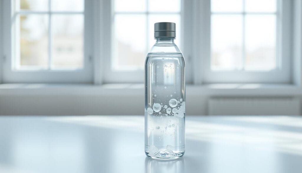 a hydrogen water bottle with a sleek, modern design, filled with clear, sparkling water. the bottle is placed on a clean, minimalist white background, illuminated by natural daylight filtering in through a large window. the bottle's surface reflects the light, creating a shimmering, translucent effect. the water inside the bottle appears fresh and pure, with fine bubbles rising to the surface. the overall atmosphere is calm, serene, and evokes a sense of wellness and health.