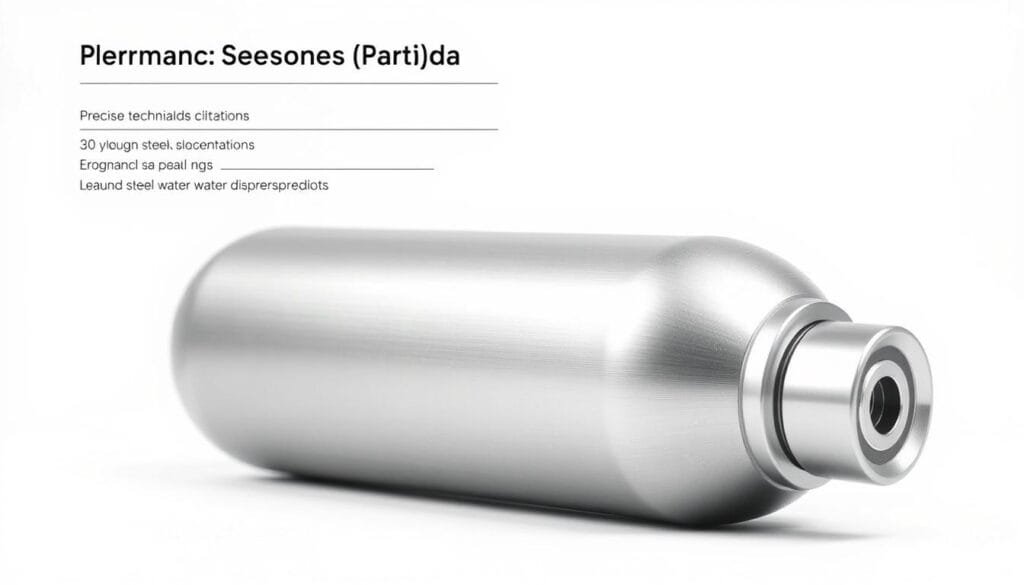 performance specifications for a hydrogen water bottle, rendered with precise technical details and a clean, minimalist style: a sleek, silver metal water bottle with a subtle brushed texture, a modern ergonomic shape, and a polished stainless steel cap with a streamlined water dispenser. The bottle is positioned on a plain white background, lit from the side to accentuate its polished metallic surface and crisp edges. The focus is sharp, the lighting is soft and even, and the overall mood is one of modern, high-quality design.